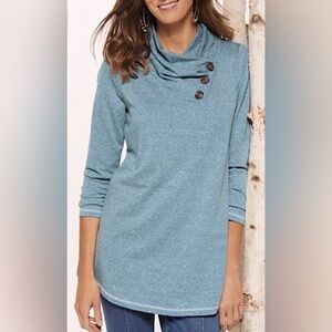 Soft Surroundings Brinley Blue Heather Button Cowl Neck Tunic Knit Top Size L